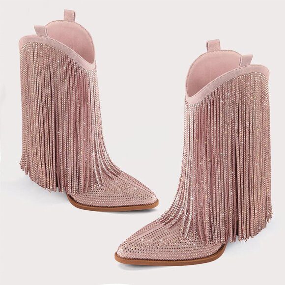 Women's Pink Rhinestone Sparkly Fringe Chunky Heel Pointed Toe Ankle Boots - Picture 2 of 7